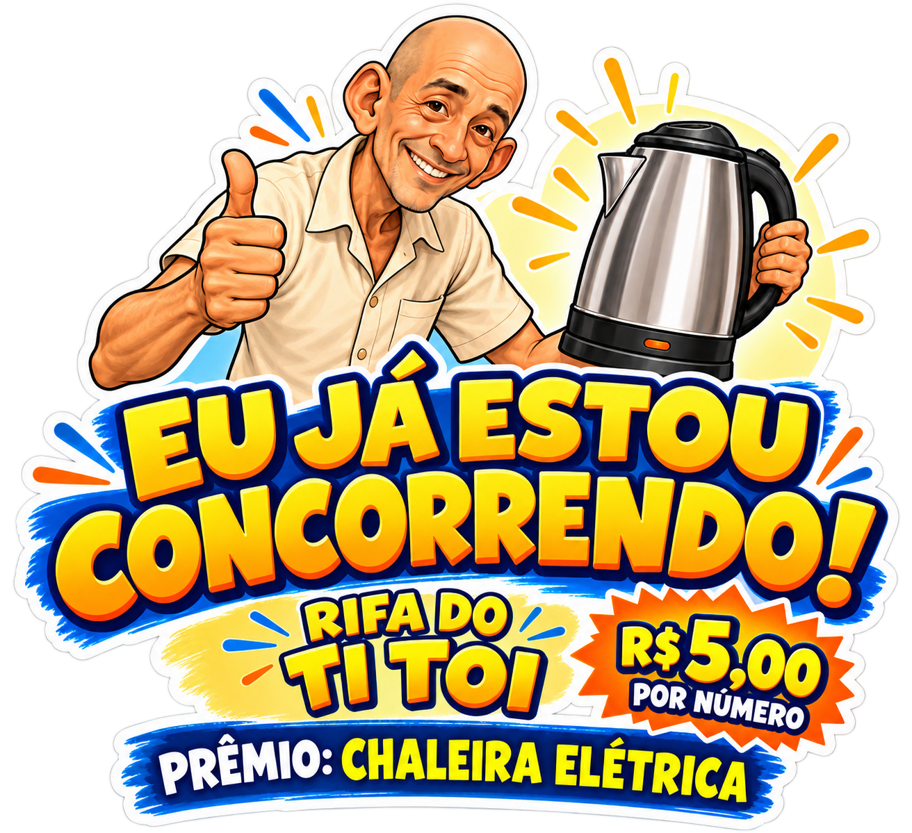 Ti Toi sorrindo com a chaleira elétrica da rifa.